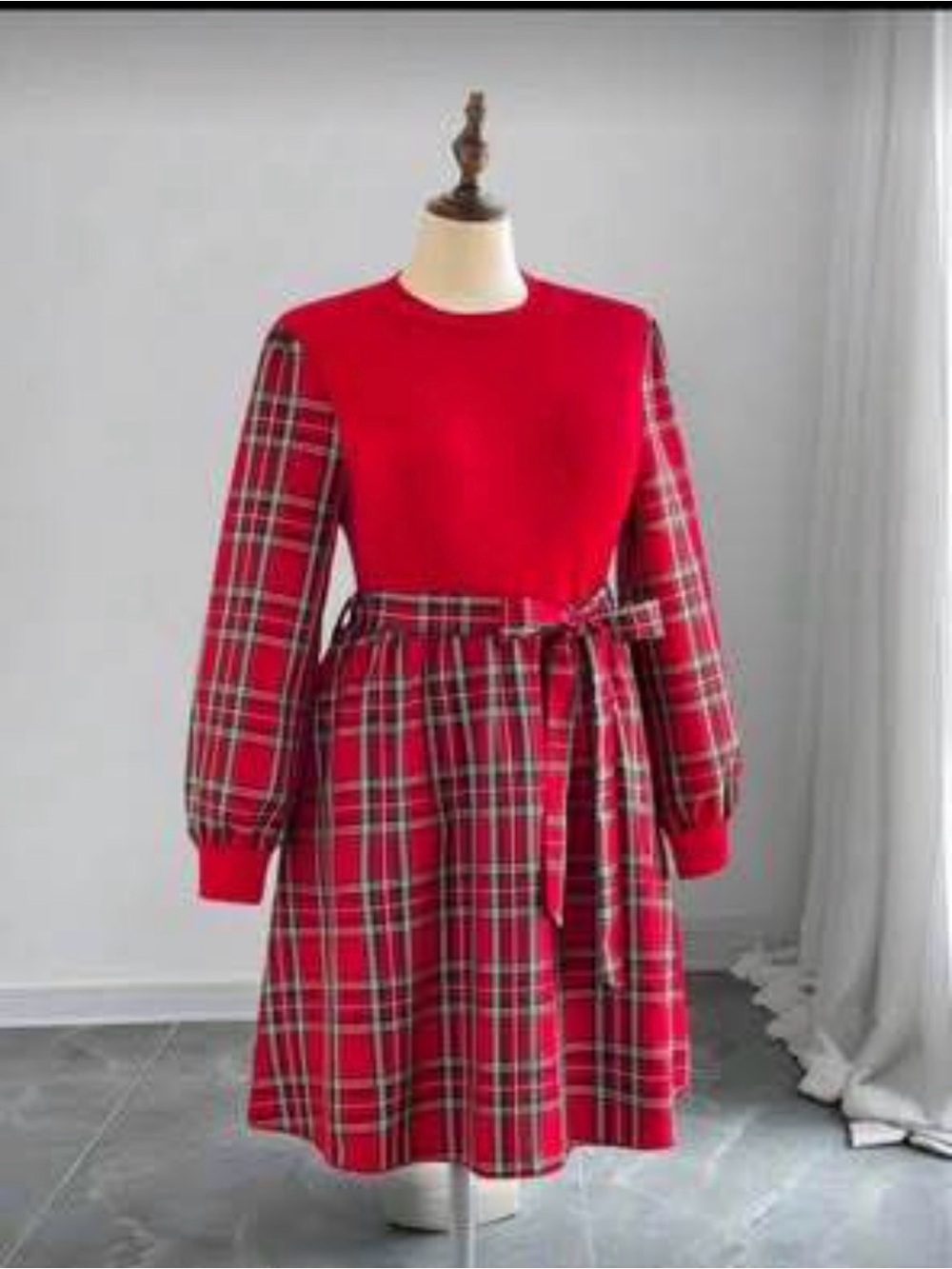 Red Plaid Long Sleeve Belted Dress
